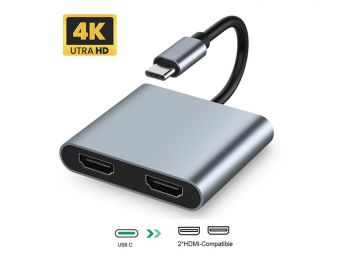 2-in-1 Type-C to 4K Dual HDMI Video Splitter MST Hub Adapter